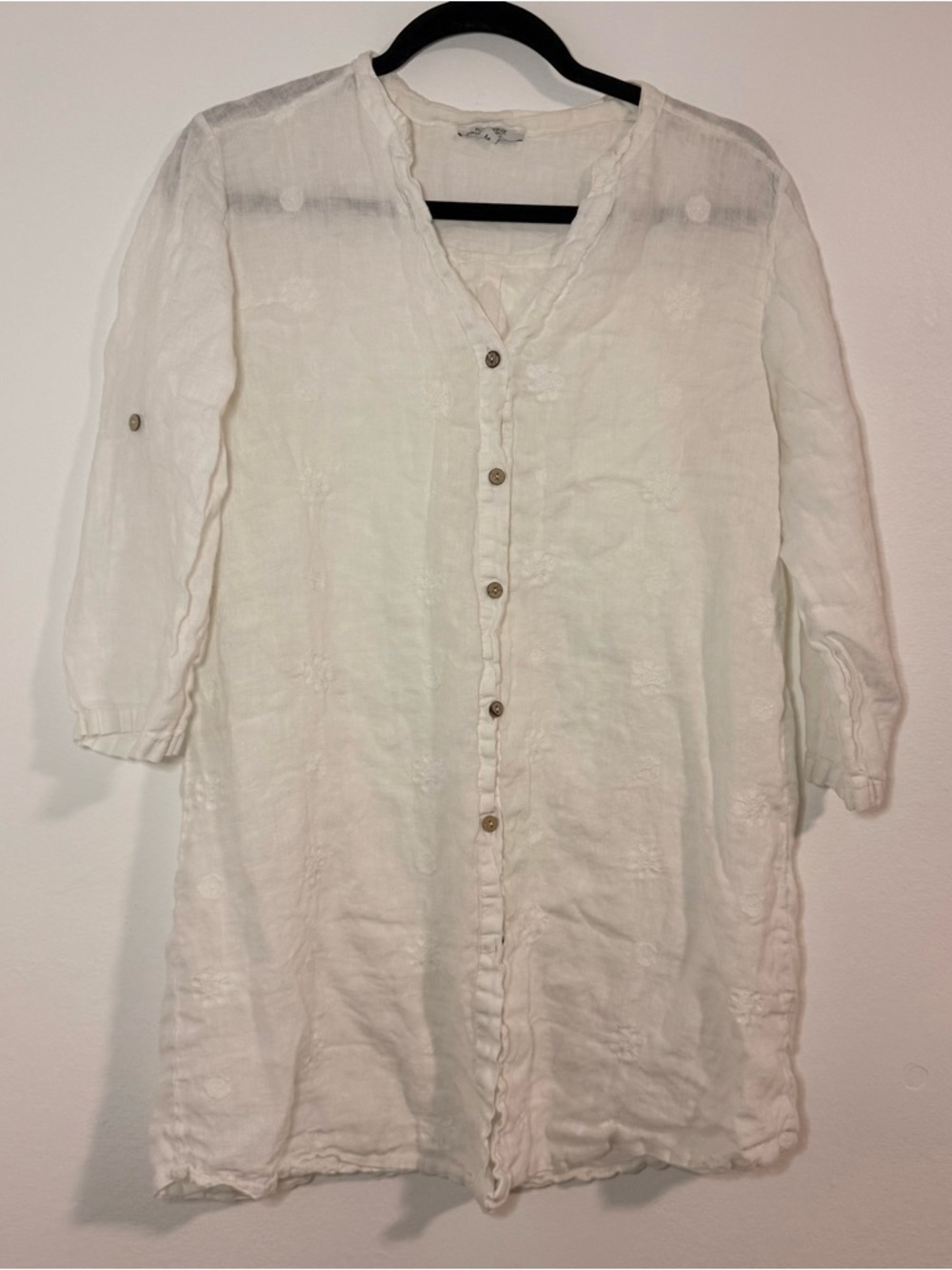 Rosemarine Shirt Dress Size M 100% Linen Embroidered Button Up  Italy 3/4 Sleeve